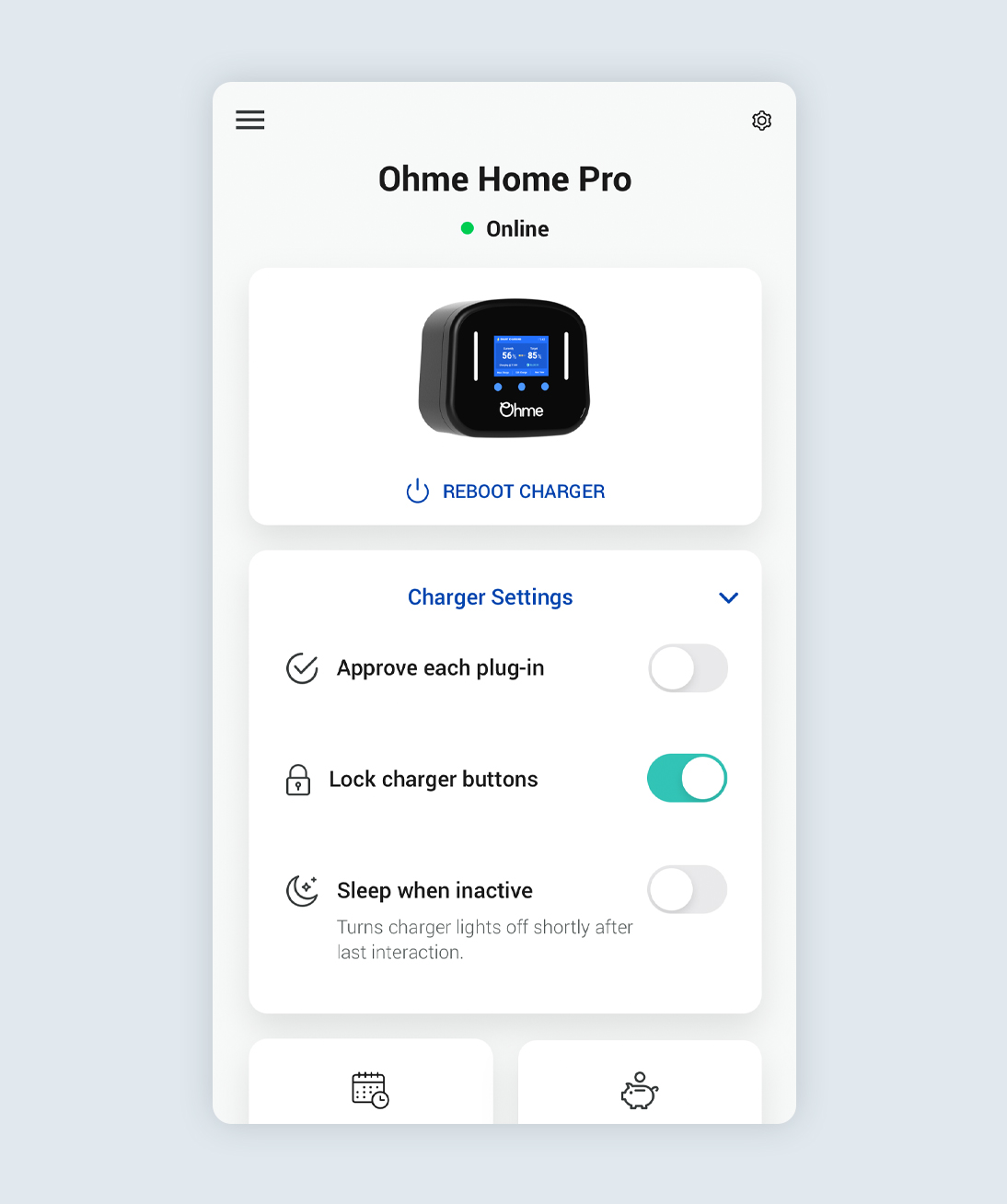 Lock charger buttons setting enabled in the My Charger screen of the Ohme app