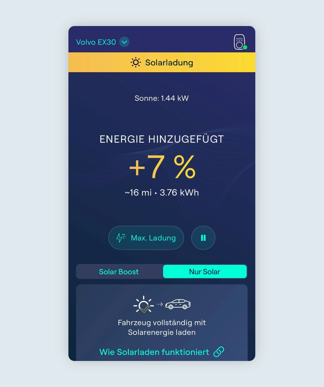 Ladestatus Screenshot der App beim Solarstrom Laden mit Solar Only