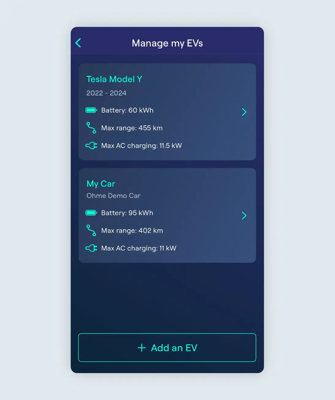 Manage my EVs screen showing two vehicle profiles
