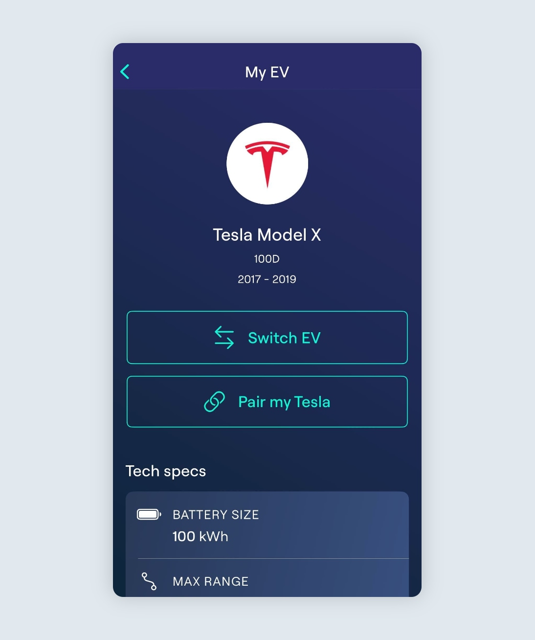 My EV page with option to pair with car