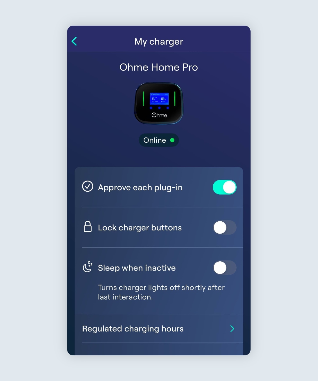 My Charger page with Approve each plugin enabled
