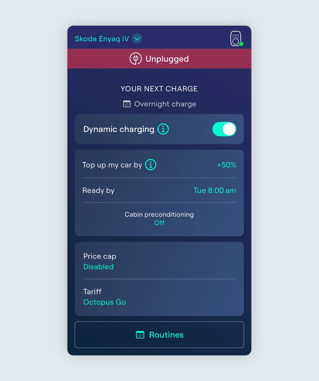 Charging screen with the Overnight charging routine set and Top up my car by set to +50% - price cap disabled