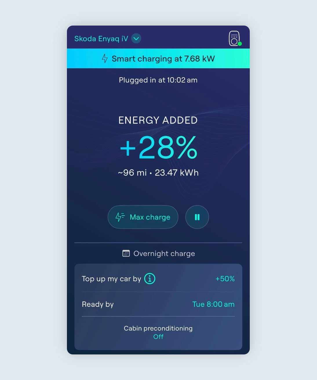 Charging screen showing a session in progress with 28% charge added so far.