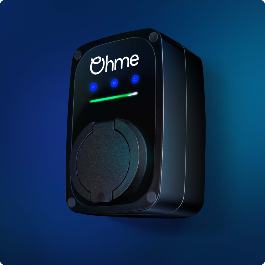 Side on view of Ohme ePod on a dark background