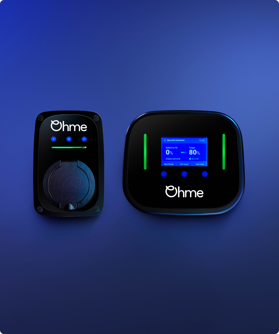 Ohme ePod and Home Pro chargers on a dark blue blackground