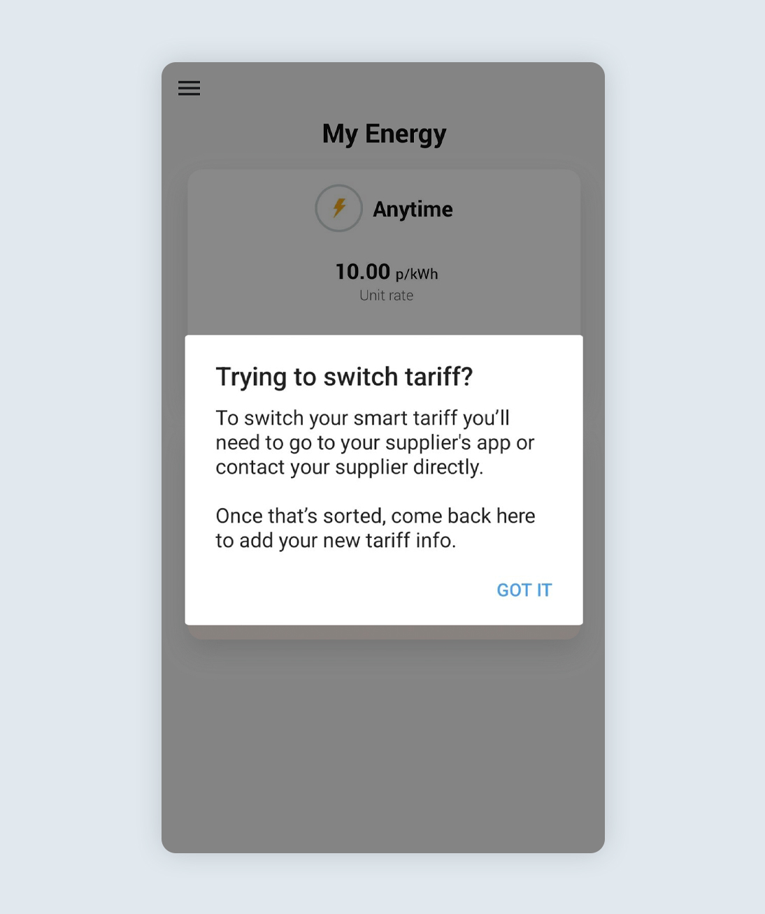Switch tariff screen from the Ohme app