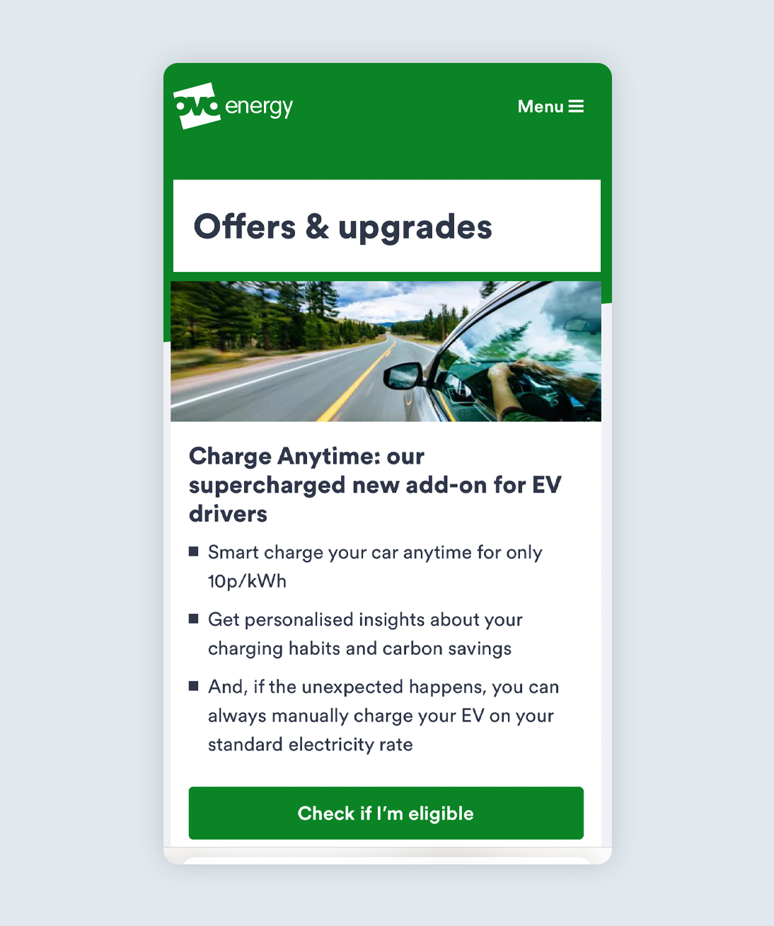 OVO Energy website screen showing offers and upgrades