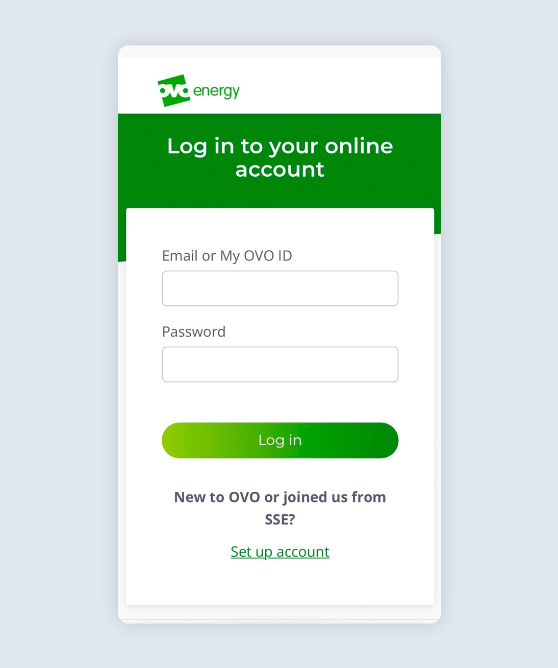 OVO Energy account login screen