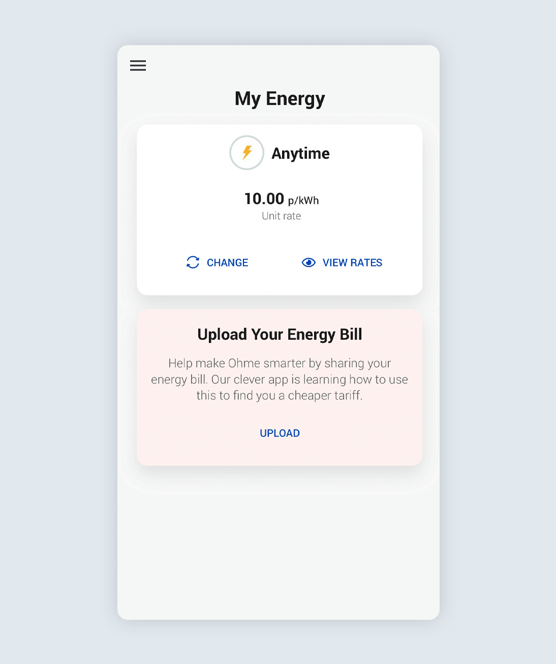 My Energy screen of the Ohme app