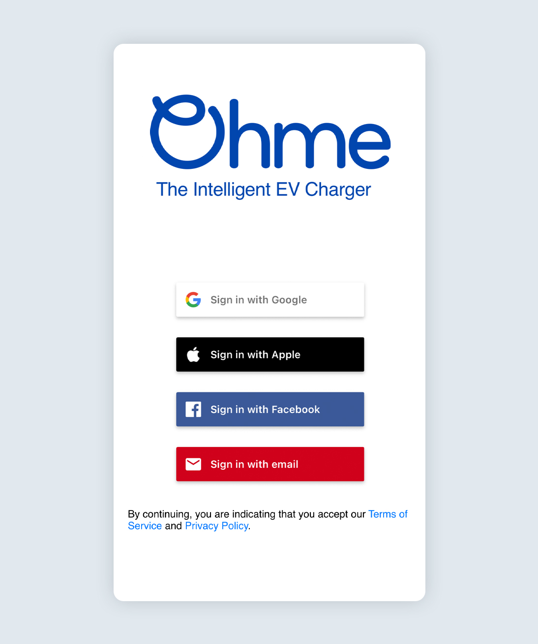 Sign-in screen from the ohme app