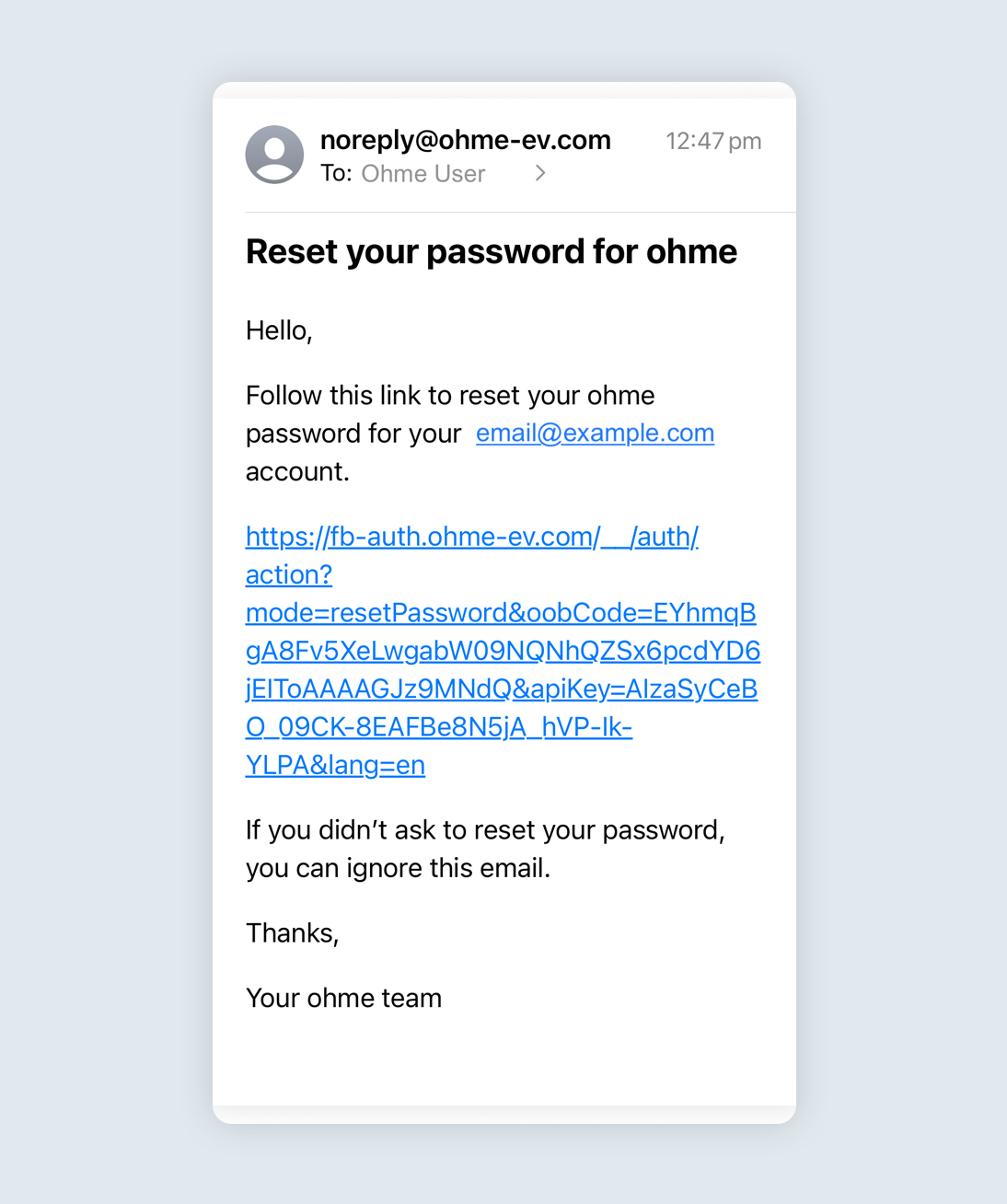 Password reset email from Ohme