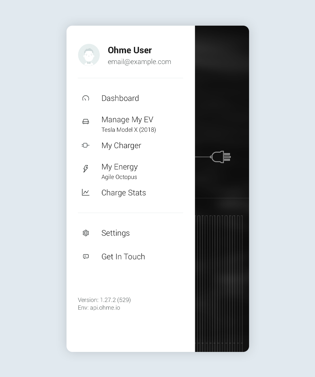 Ohme app main menu