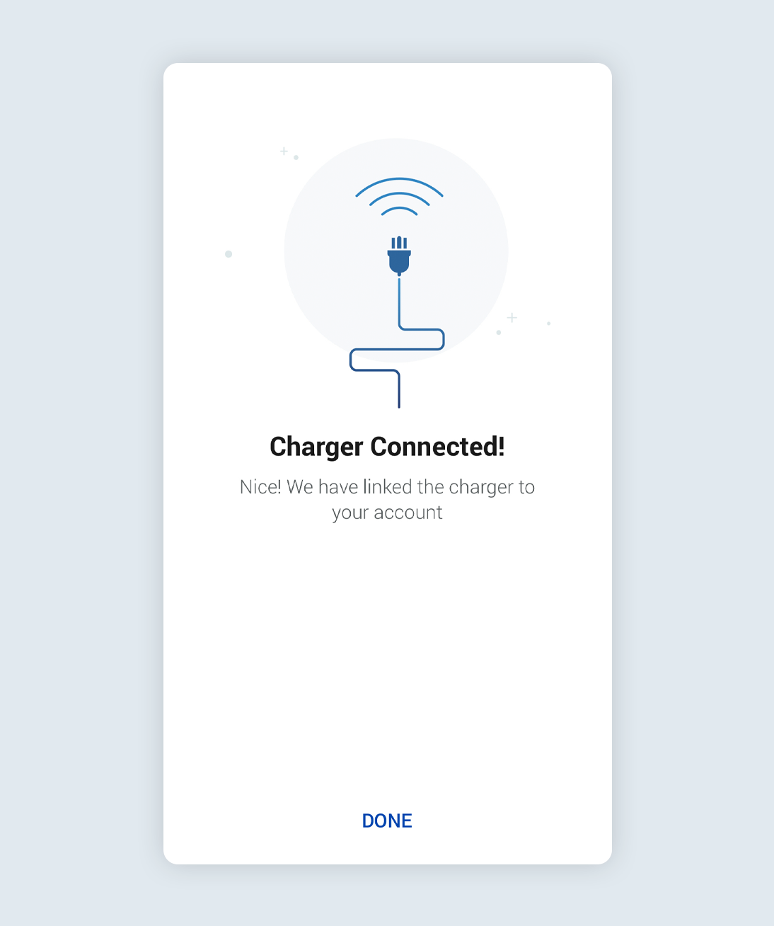 App screen showing charger successfully connected