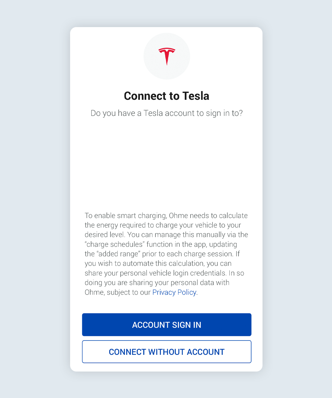 Tesla account sign in screen in Ohme app