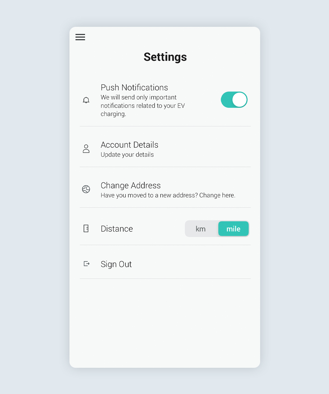Settings screen from the Ohme app
