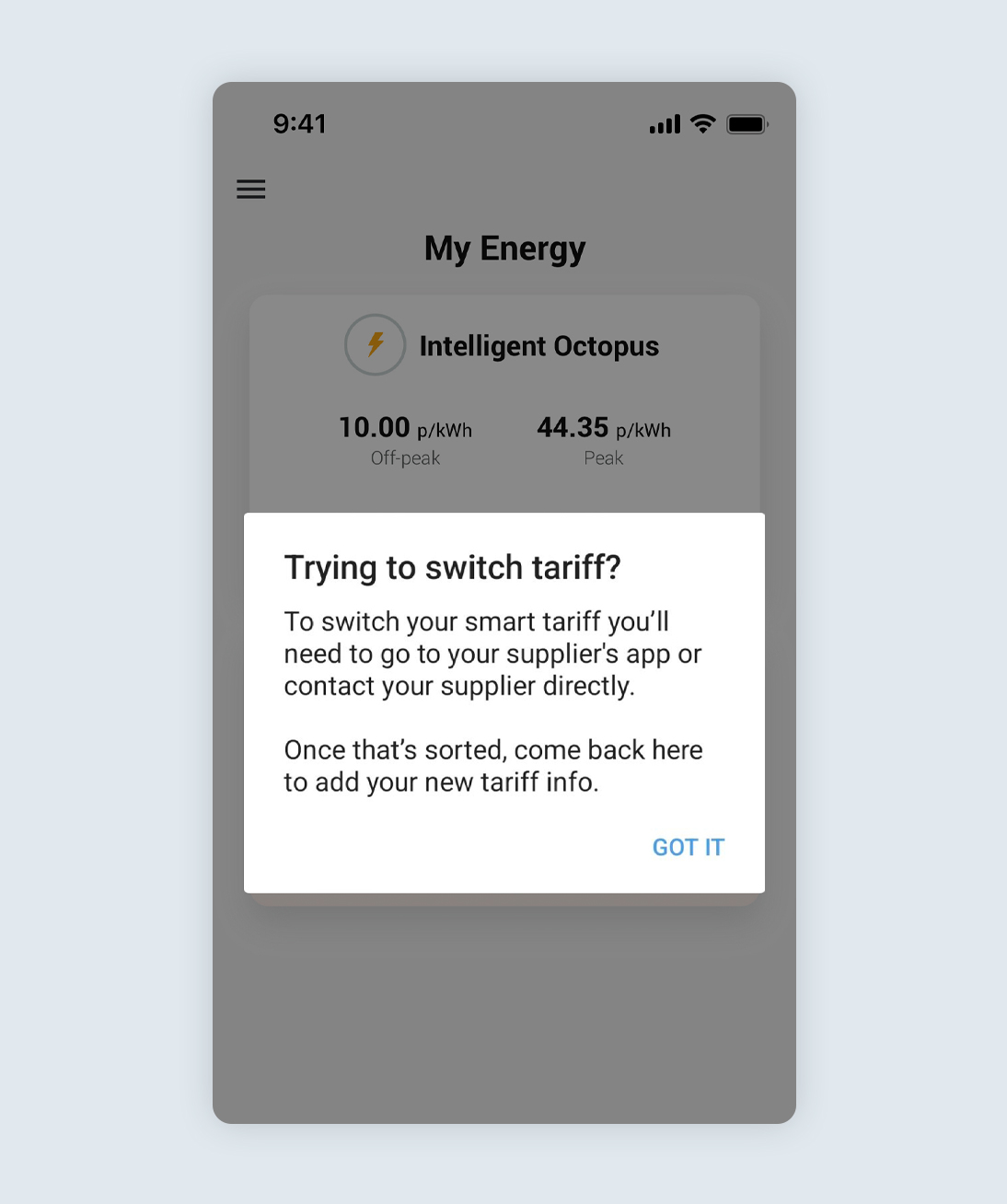 Ohme app screen showing Intelligent Octopus tariff