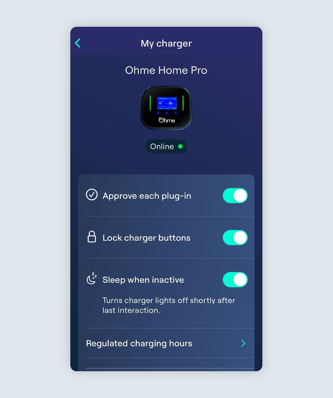 charging page showing charger online and security settings enabled
