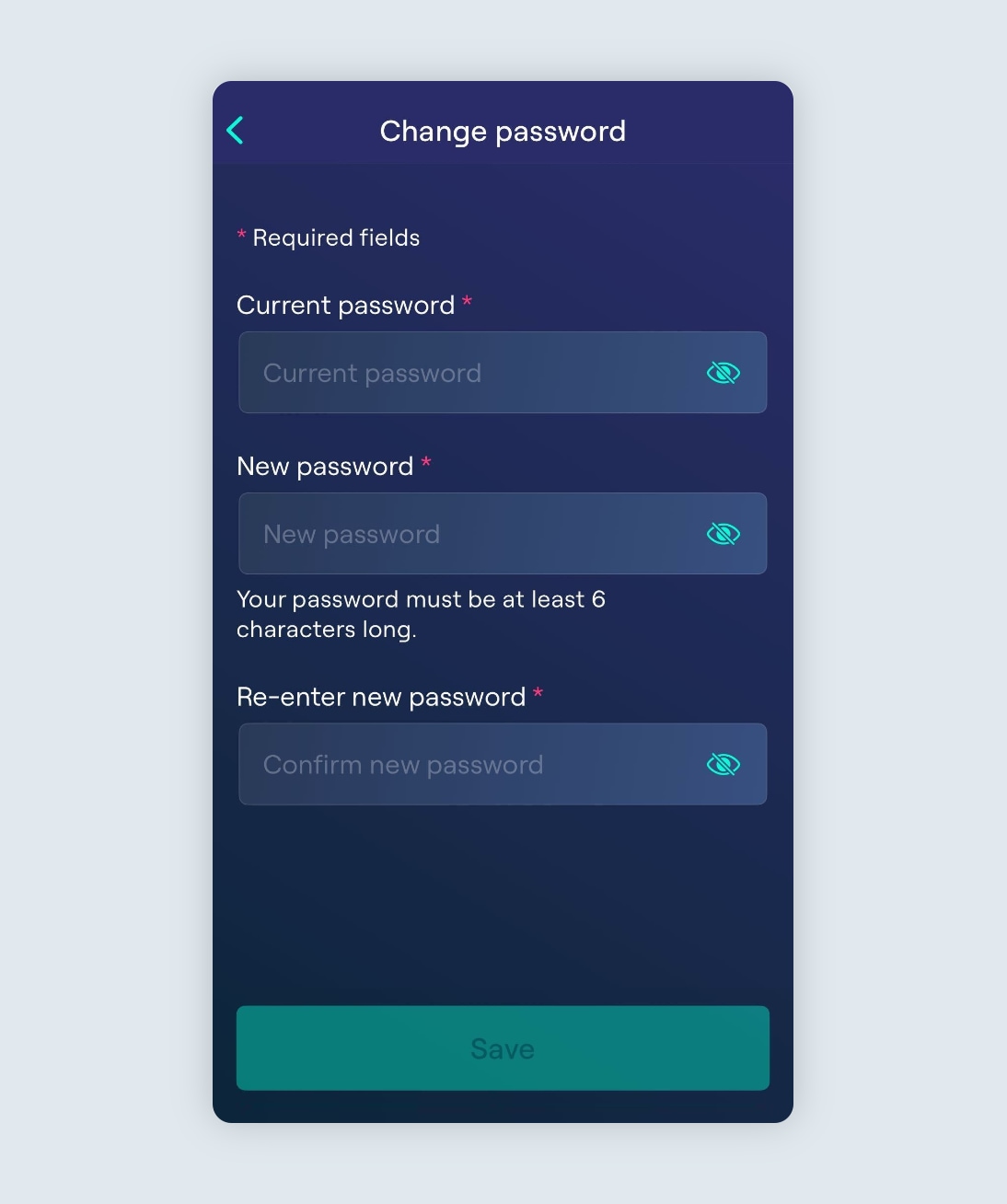 change password page in Ohme app