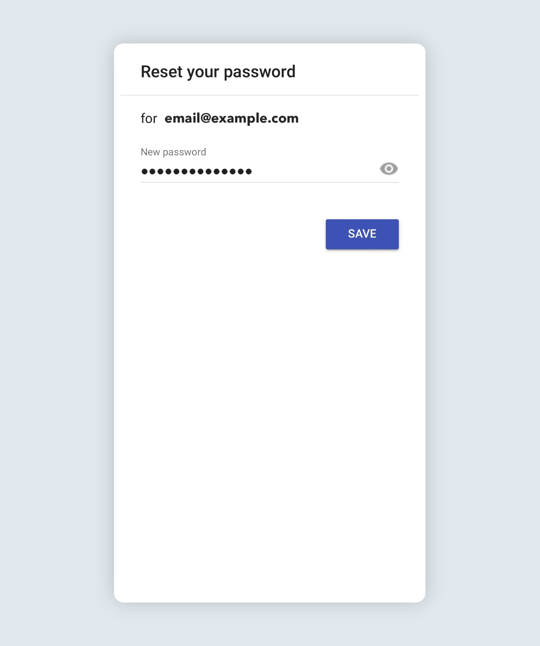 reset password screen with email and new password entered