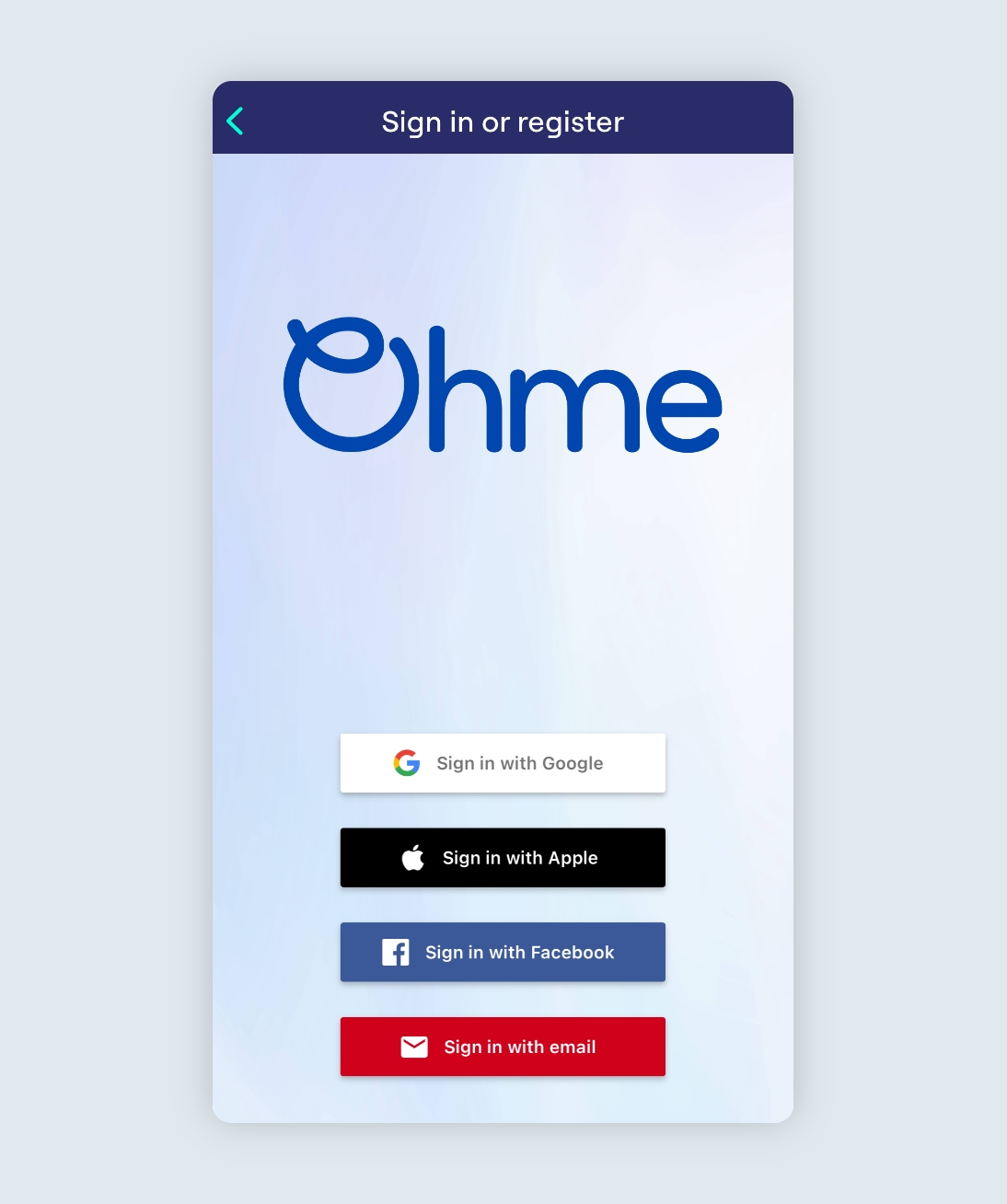 Ohme login page showing three social options and sign in with email