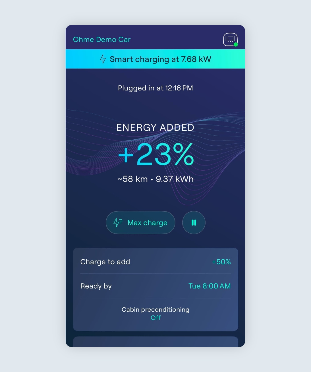 Ohme app Charging screen showing an active session with 23% charge added
