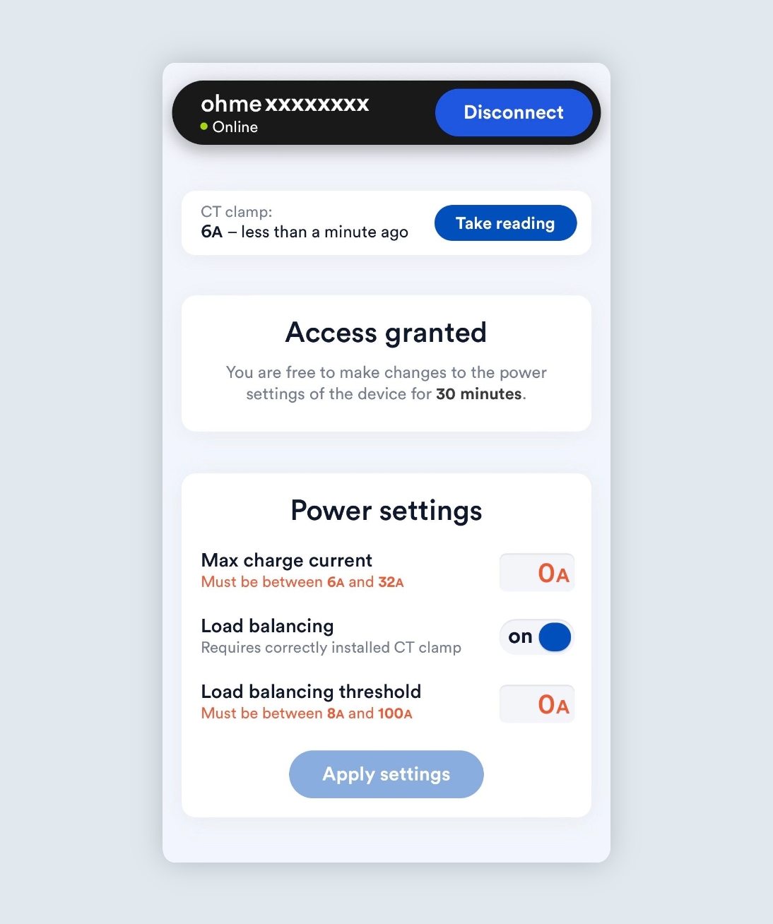 The Ohme Installer Portal minimum power setting values