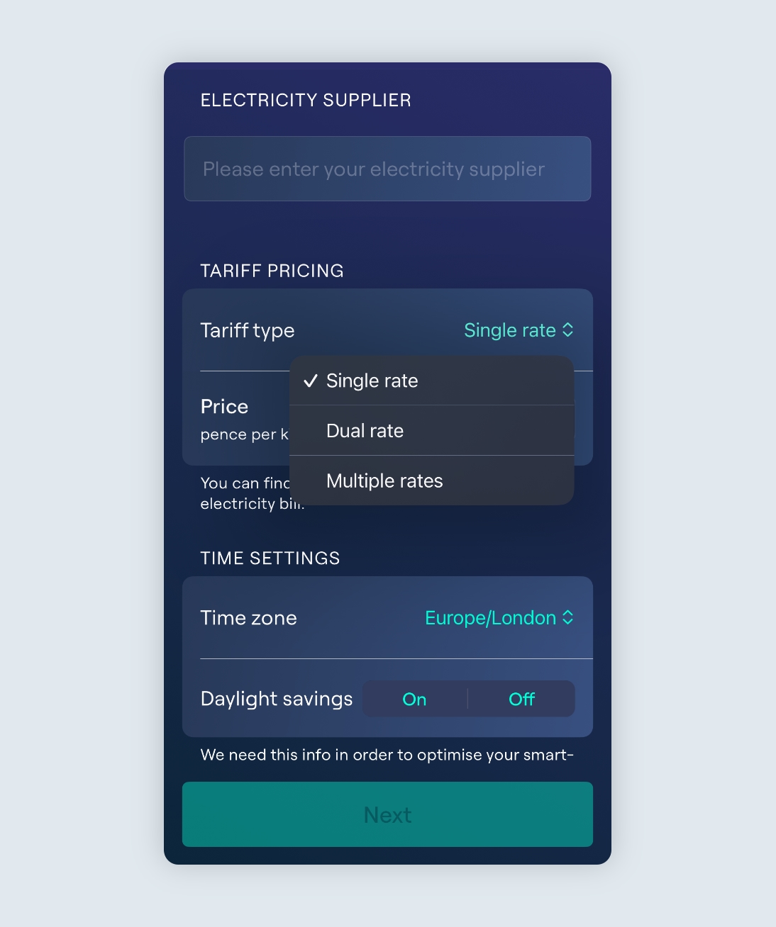 Add a custom tariff and choose from three options, Single rate, Dual rate and Multiple rate