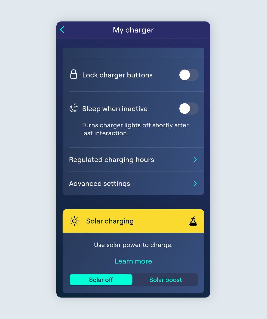 My charger page with Solar Boost option visible and in the off position