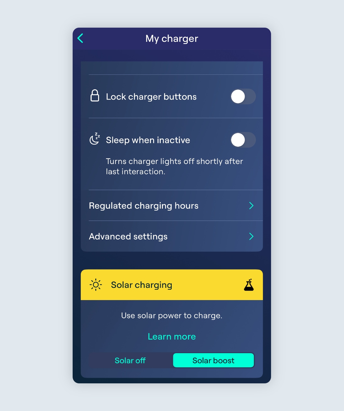 My charger page with Solar Boost option visible and in the on position