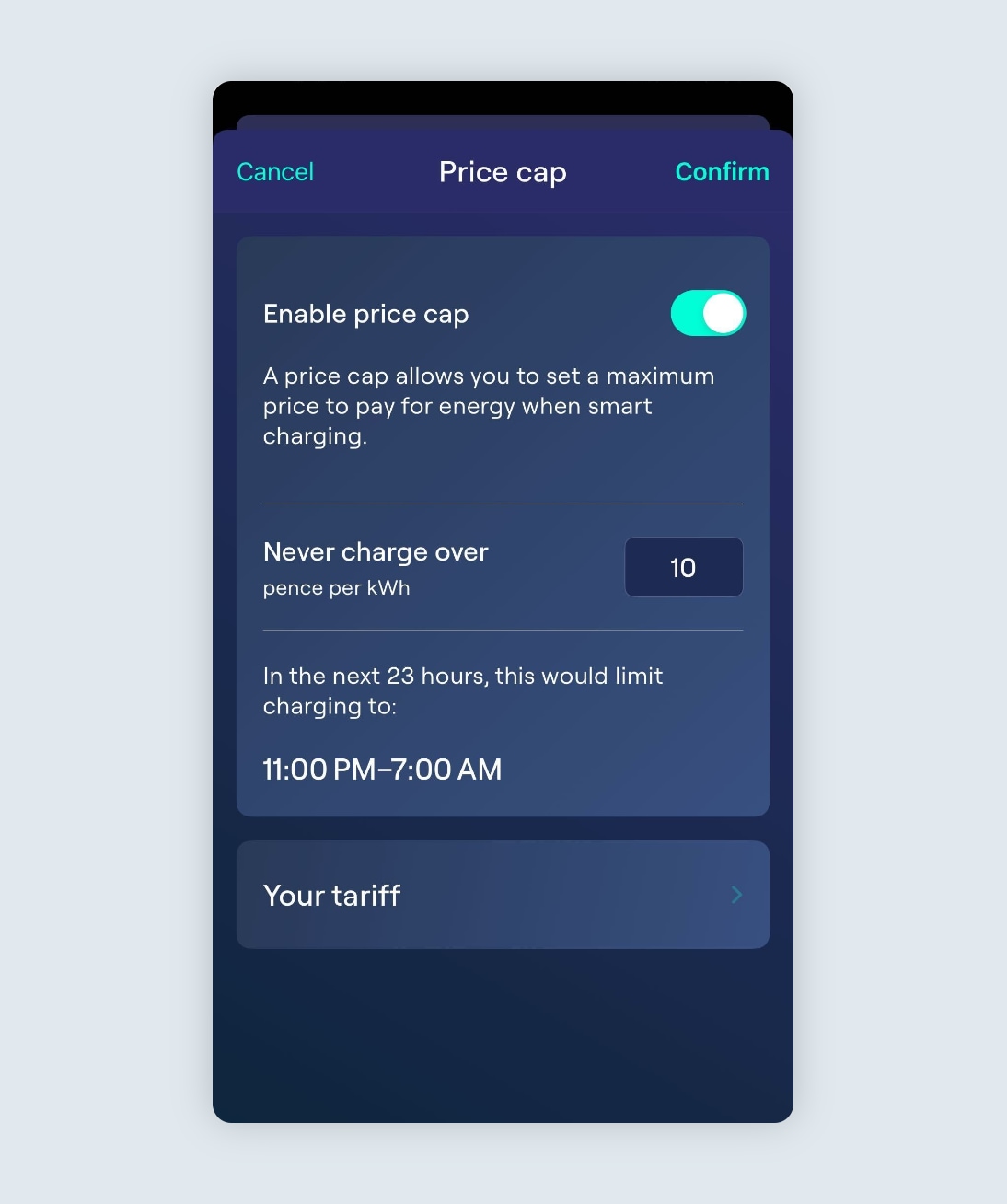 Price cap enabled, showing times available for Ohme to charge