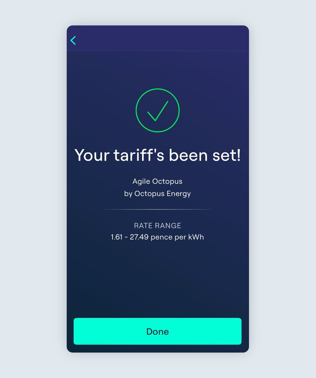 Your tariff has been set confirmation screen.