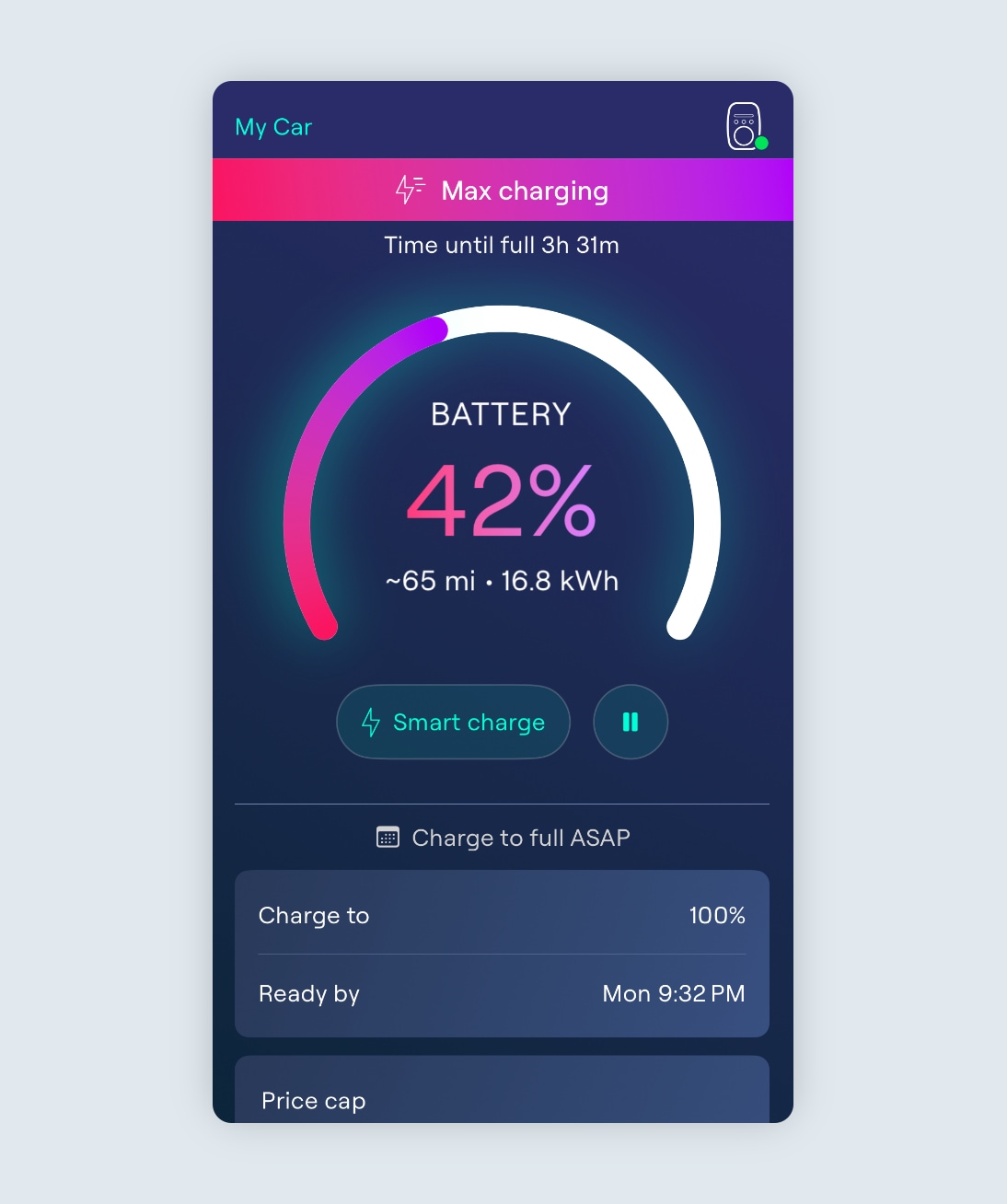 The Charging screen with a Max Charge session in progress