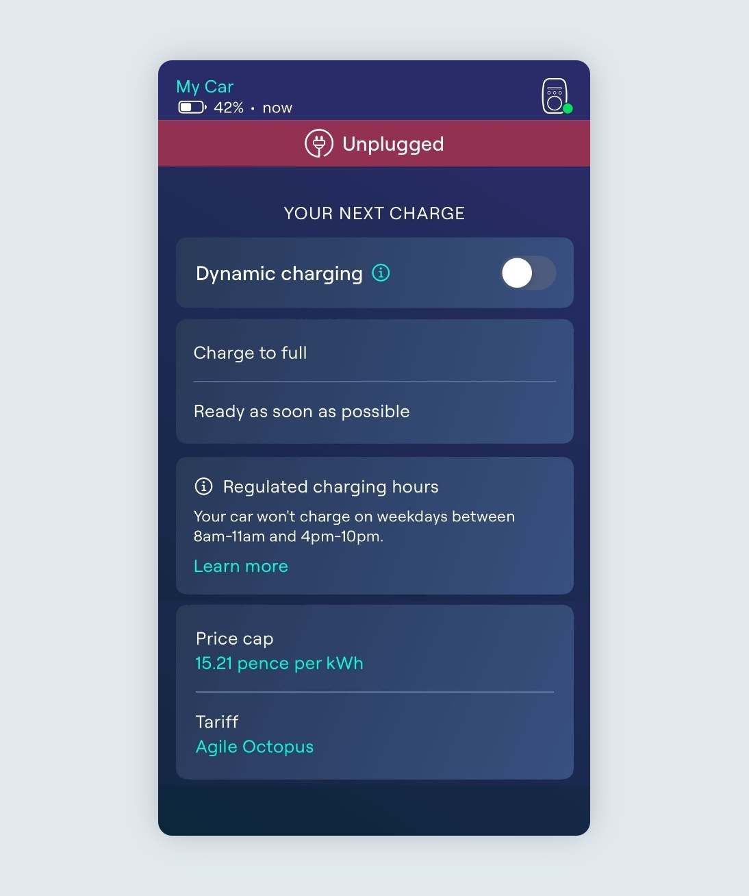 Charging screen with Dynamic Charging off. Ohme is set to charge to full as soon as possible