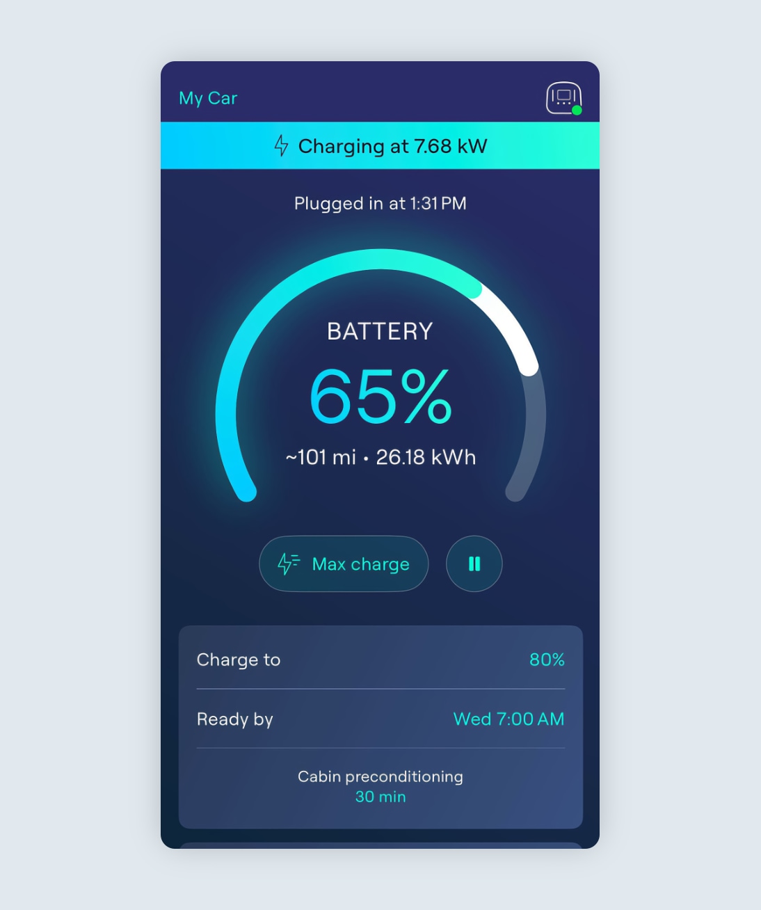 Charging screen with a session in progress