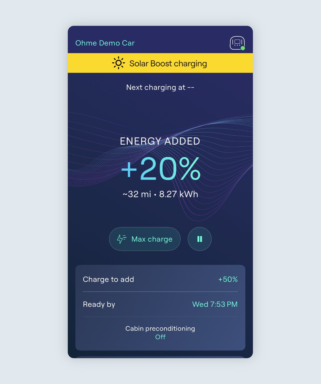 Charging page of the Ohme app in an active session charging with solar