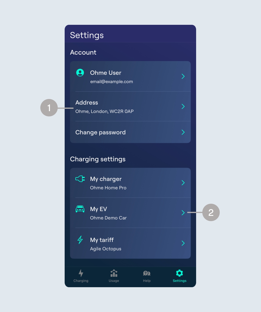 Settings page showing quick access to the car, tariff, charger and general account settings
