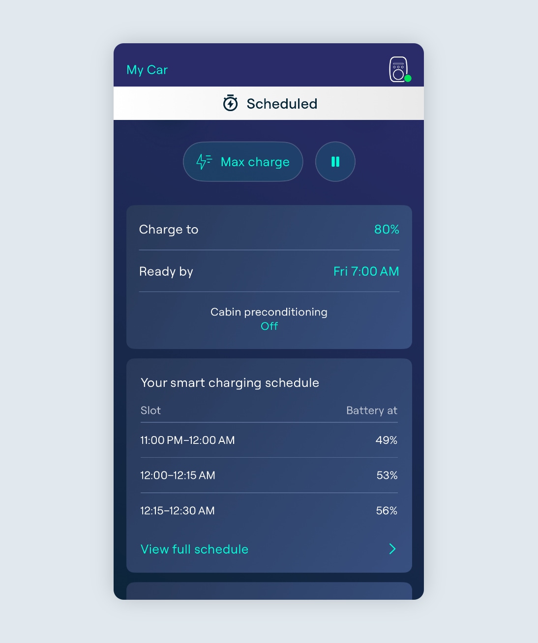 Charging screen showing the Smart charging schedule.