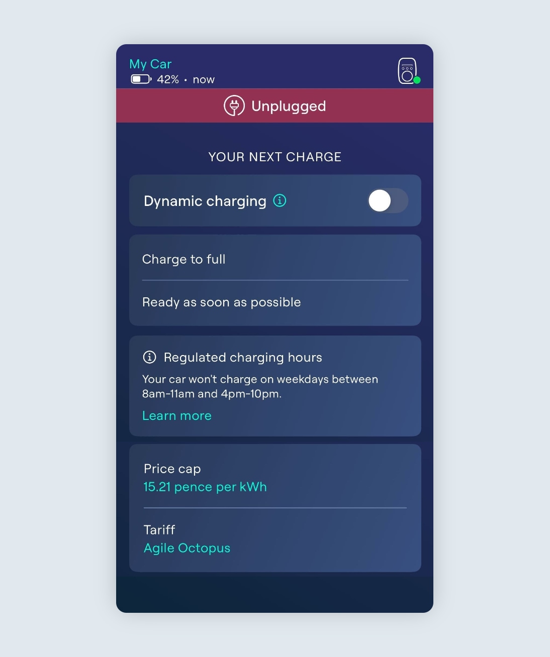 Dynamic charging turned off with Regulated charging hours and a price cap enabled