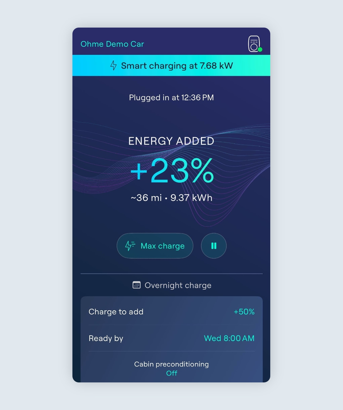 Charging screen showing a session in progress with 23% added so far