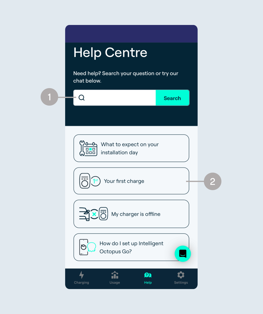 Ohme app Help Screen with Help Centre search bar and top used articles listed