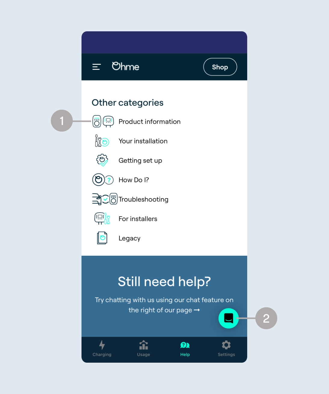 Help screen showing Support categories and the new chat feature to speak with a support agent.