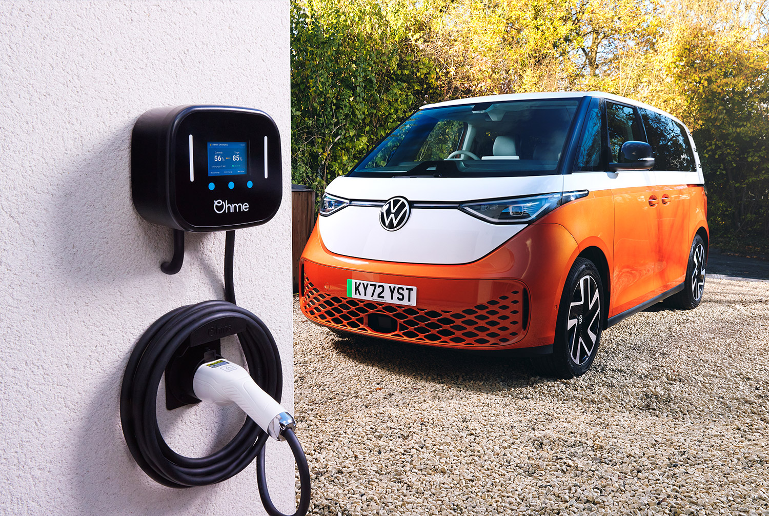 Ohme Home Pro EV charger and orange Volkswagen ID Buzz front