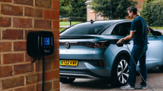 Silver Volkswagen ID5 being charged with Ohme Home Pro EV charger