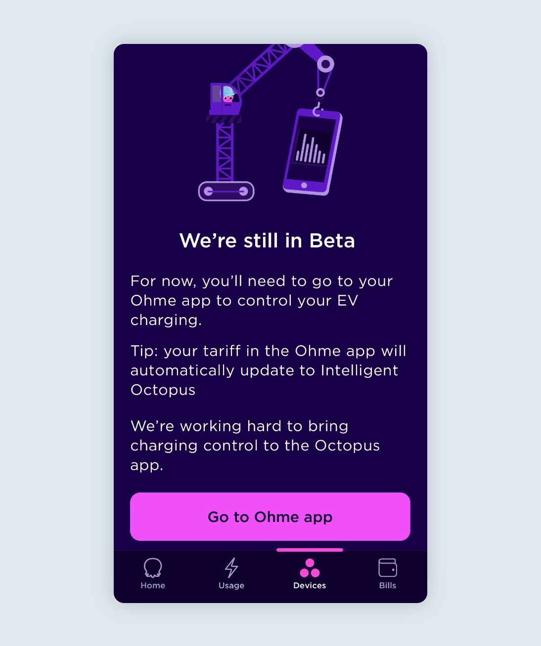 Octopus Energy app devices tab with button to open the Ohme app