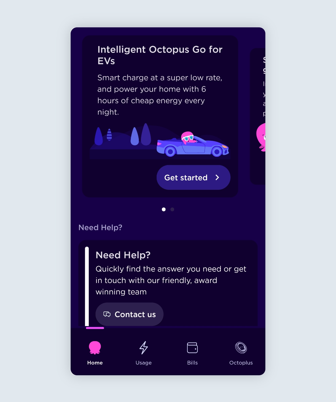 Octopus Energy app home tab Get started to integrate with Intelligent Octopus Go