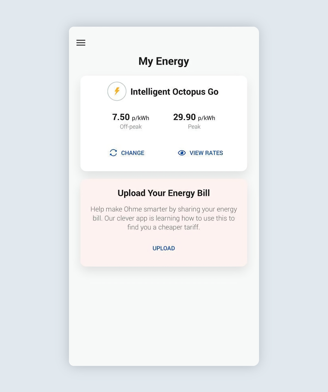 Ohme app My Energy page showing the Intelligent Octopus Go tariff