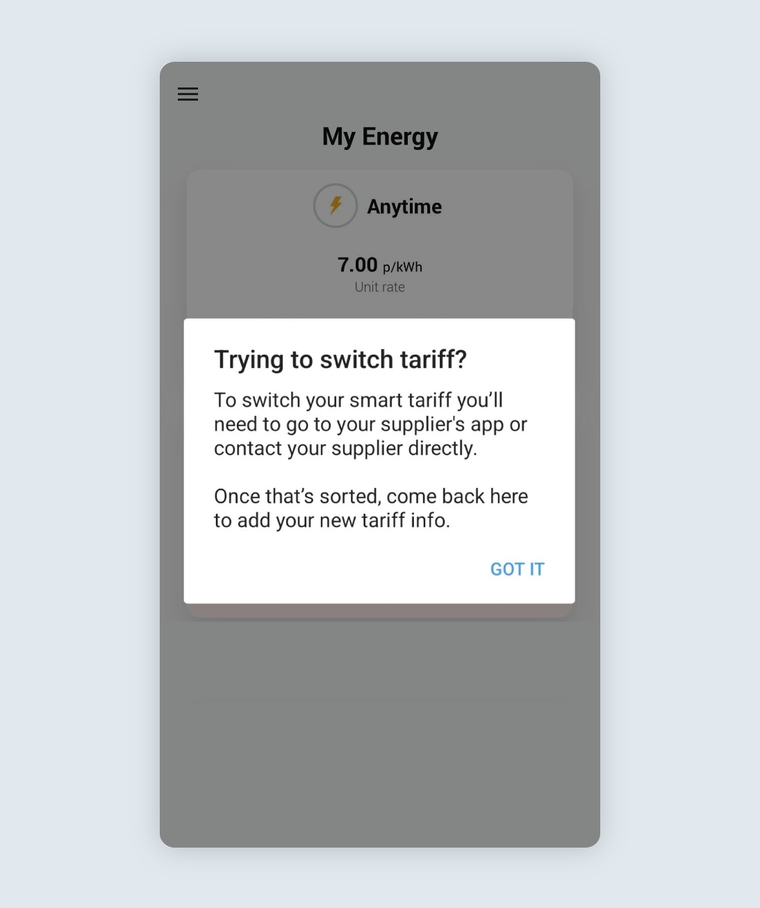 Ohme app My Energy page with pop up message to disconnect tariff