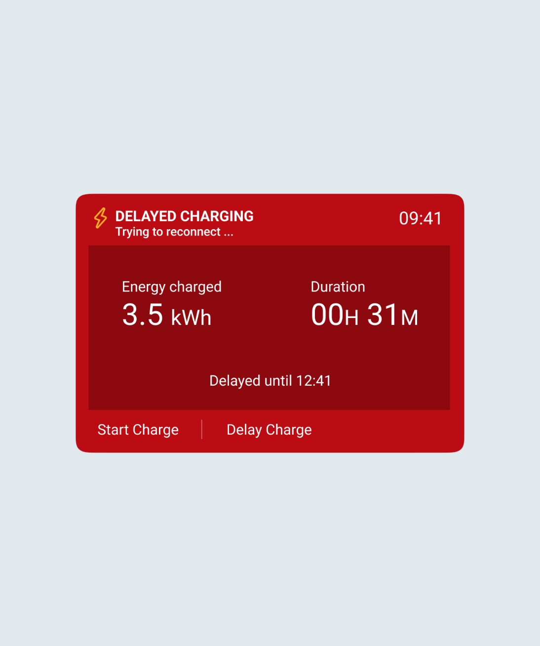 Ohme Home Pro display showing a max charge session, charger offline. Energy usage shown with the time the charge is delayed until