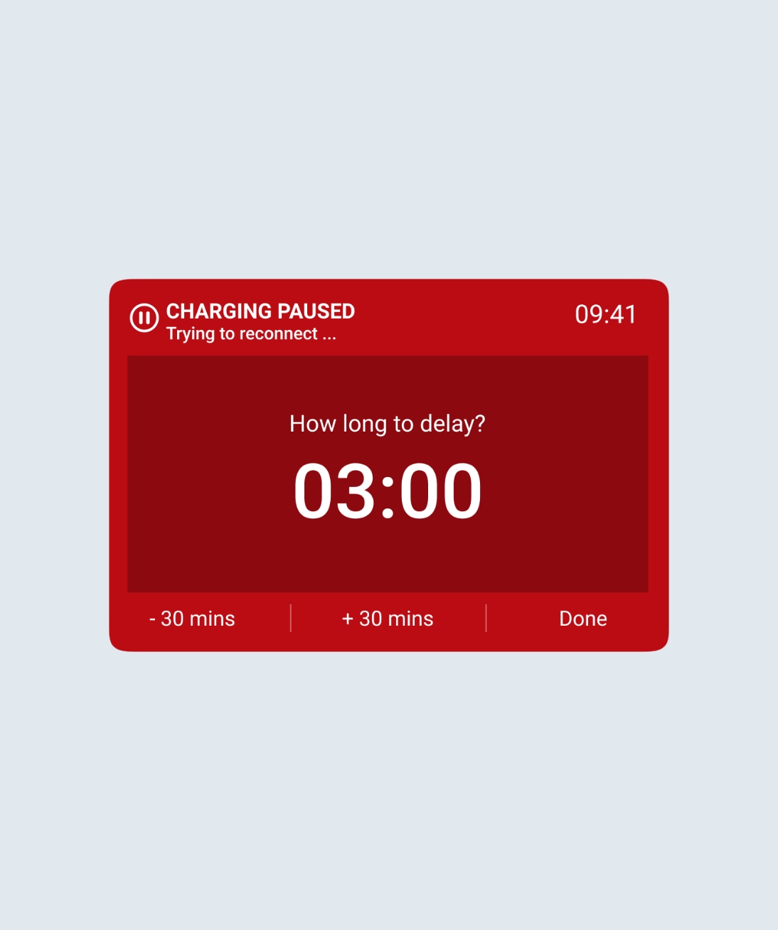 Ohme Home Pro display showing a max charge session, charger offline. Option to delay the start of the charge by a set number of hours