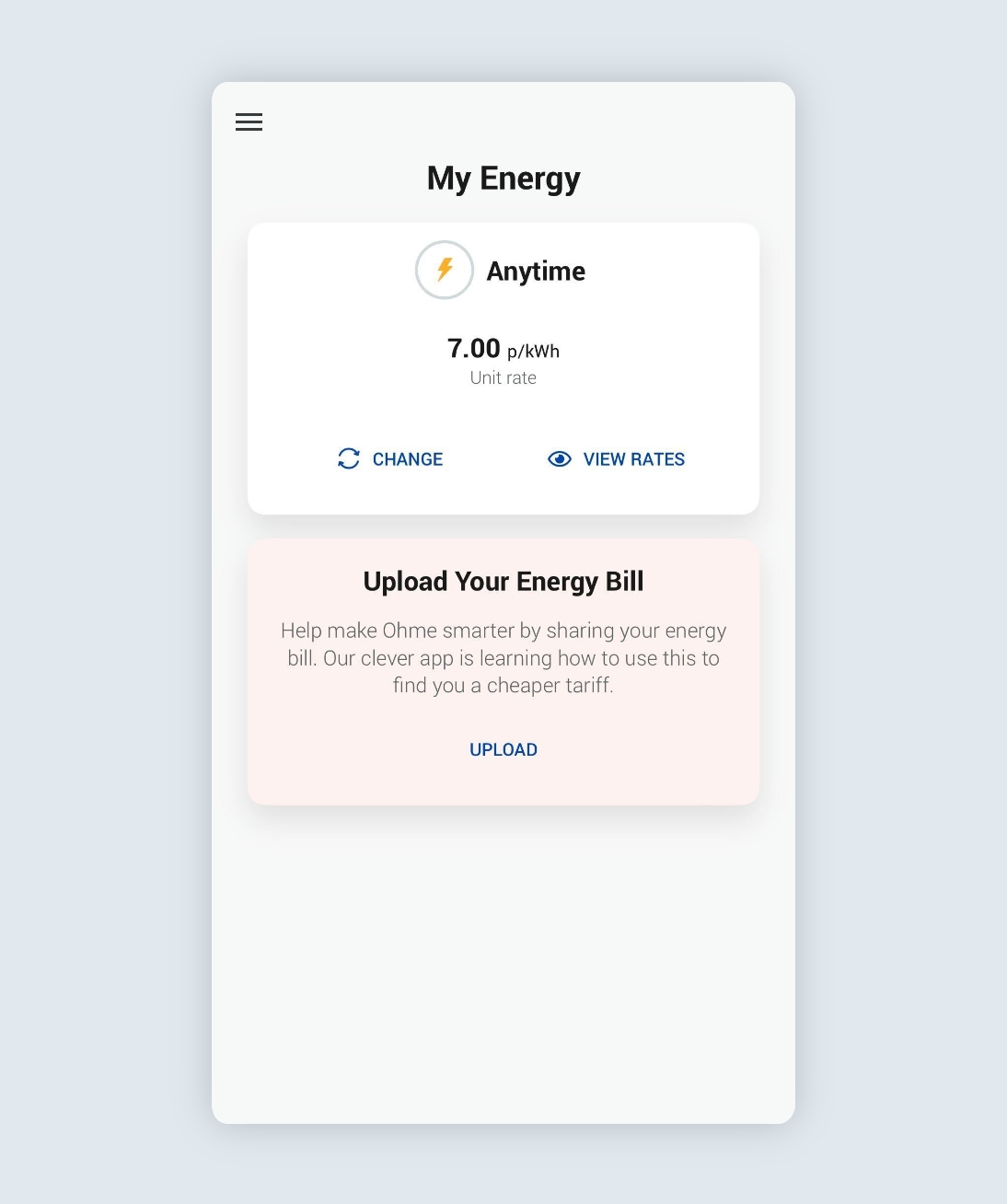 Ohme app My Energy page with the Anytime tariff displayed